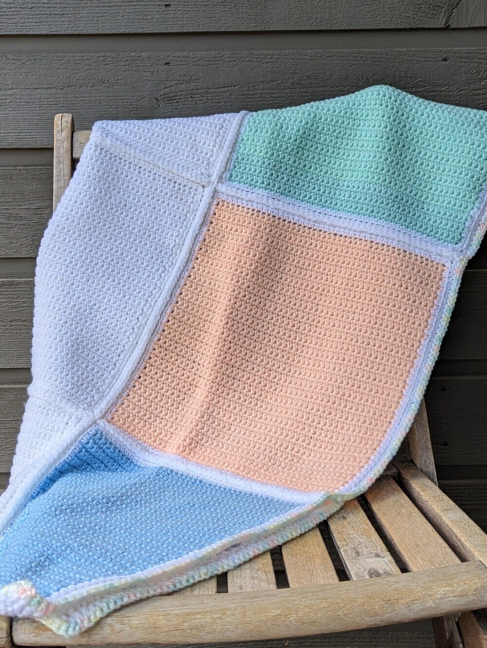 Handmade Pastel Patch Crochet Blanket Blue Peach Mint White Periwinkle 42" x 42"